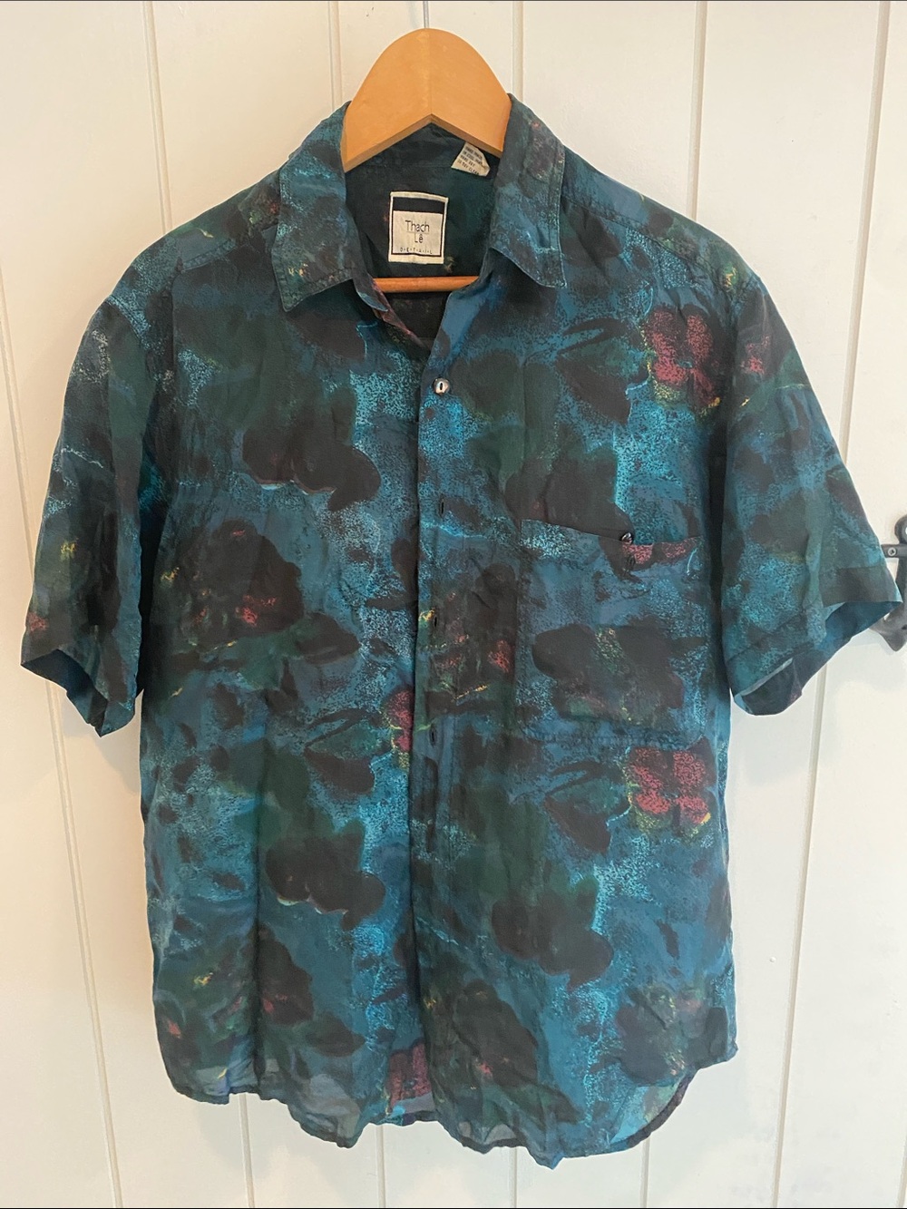 Men's Teal and Black Abstract Short-Sleeve Shirt - 100% silk